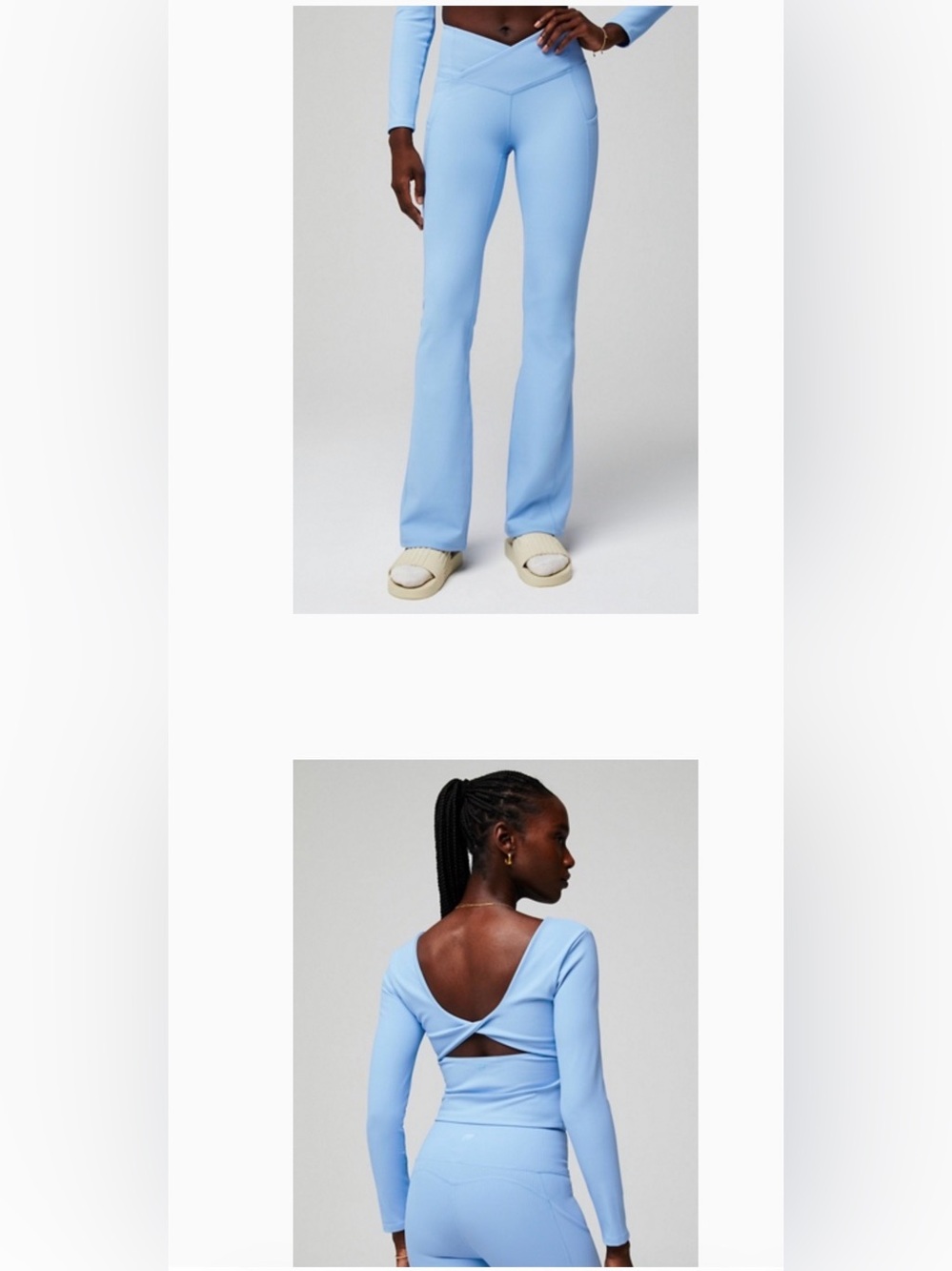 Fabletics Oasis Rib Light Blue Crop Top built matching flare legging set